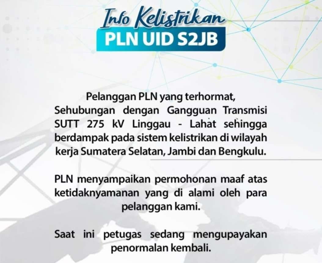 Listrik Tiga Provinsi di Sumatera Serentak Padam