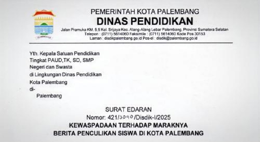 Disdik Palembang Keluarkan Surat Edaran "Waspada" Penculikan