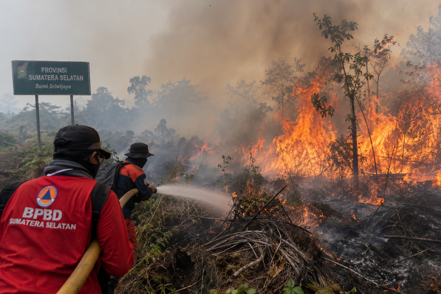 Pemadaman Kebakaran Hutan Sumatera Selatan (Foto Ilustrasi AI)